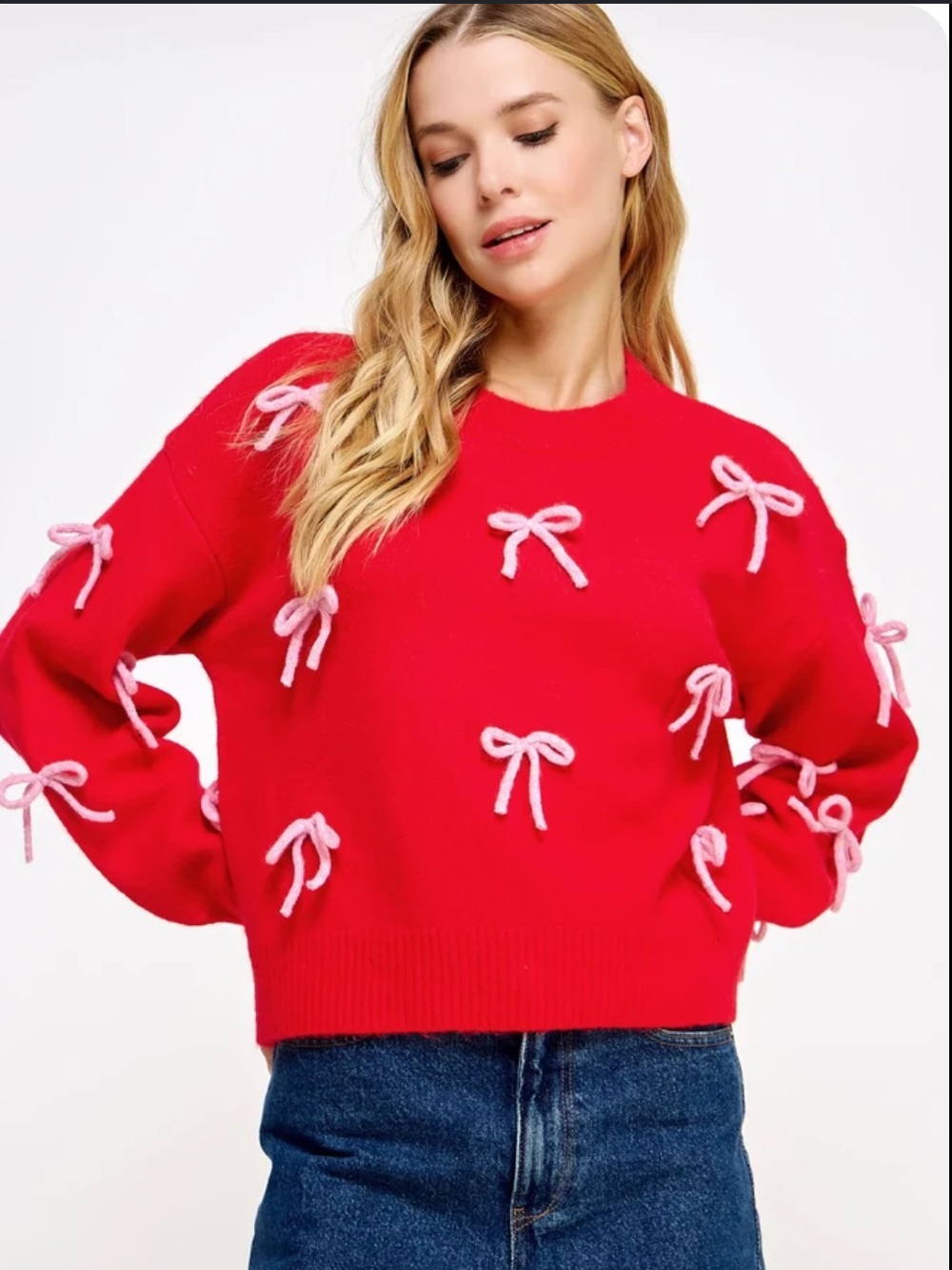 Pink Lily Bow Printed Sweater in Red Size Large